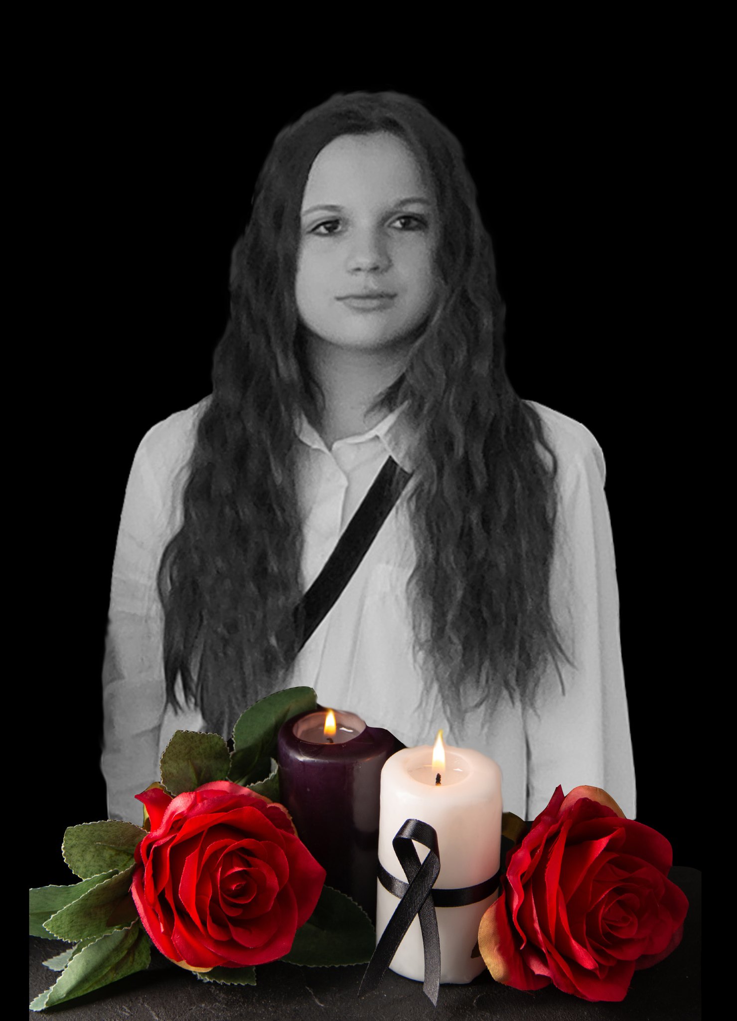 A black-and-white memorial portrait shows a young Ukrainian girl with long wavy hair wearing a white blouse, with a black mourning ribbon across the image. Two lit candles -- one dark burgundy and one white adorned with a black ribbon -- flank the portrait, accompanied by red roses with green leaves, creating a traditional memorial tribute arrangement.