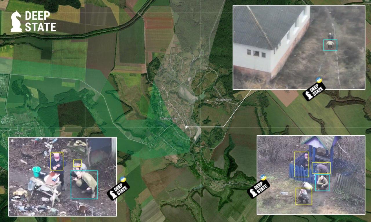 An aerial map view showing agricultural fields and rural landscape with three zoomed-in drone surveillance images overlaid in corners, each highlighting detected individuals marked with colored bounding boxes. The Deep State logo appears in the upper left, with additional branding on each inset image showing close-up views of people and structures from aerial reconnaissance footage.