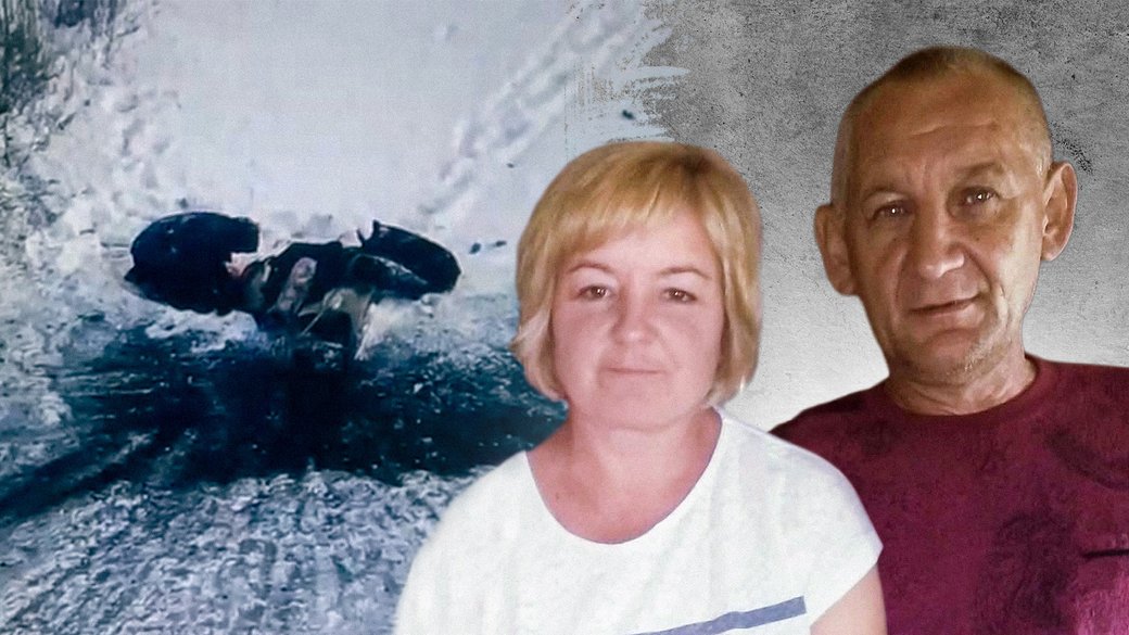 A collage features portraits of a woman with blonde hair and a man in a maroon shirt against a gray background. To the left, a smaller, low-resolution image shows an emergency scene after Russian drone struk a woman in a snowy. A man is crying on the photo.