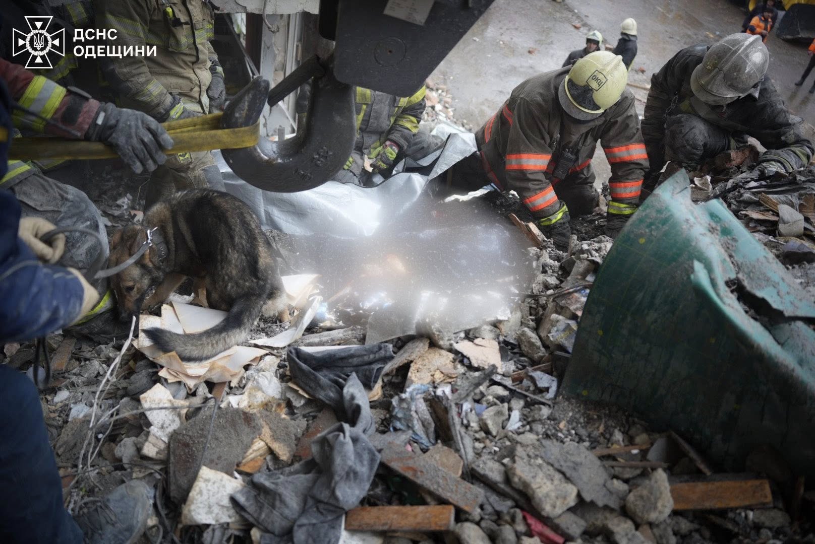 Alt-text Generator
Custom Gem
Ukrainian rescue workers and a search dog sift through a mound of concrete rubble and debris at a disaster site. A heavy-duty crane hook and straps are positioned over the wreckage, with the DSNS Odesa logo visible in the top left corner.