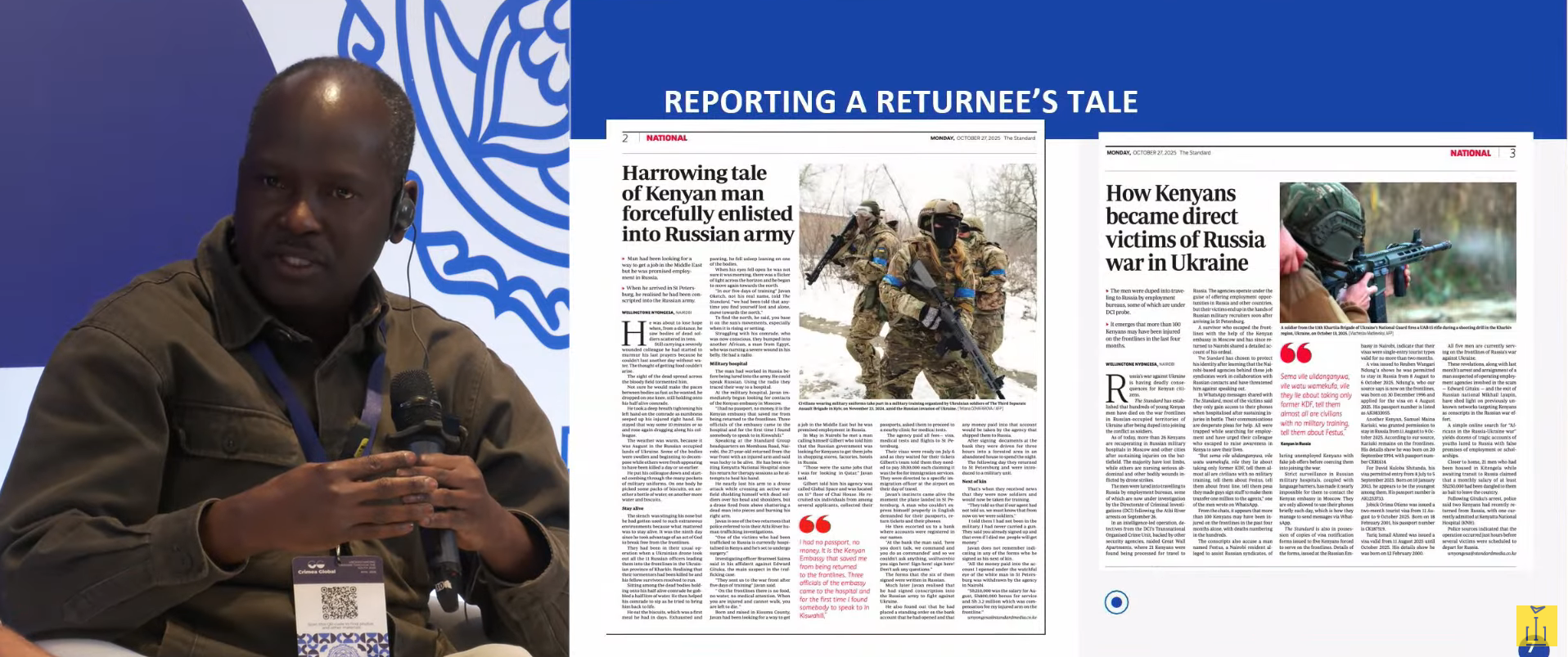 A Kenyan jourlaist sits at a press conference table against a blue backdrop, with two newspaper clippings displayed to his right showing headlines about Kenyans forcefully enlisted in the Russian army and becoming victims of the Russia-Ukraine war.