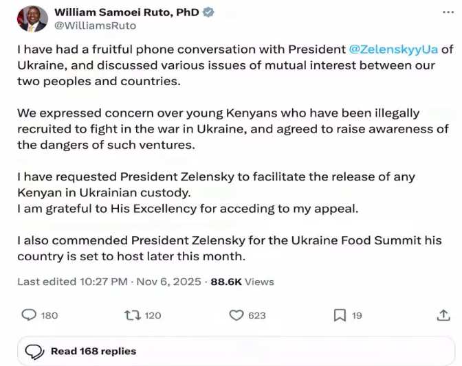 A social media post from William Samoei Ruto, PhD (@WilliamsRuto) details his phone conversation with Ukrainian President Zelenskyy, discussing concerns about Kenyan nationals recruited to fight in Ukraine and requesting their release from Ukrainian custody. The post has received 88,600 views and engagement from 623 likes, 120 retweets, and 168 replies.