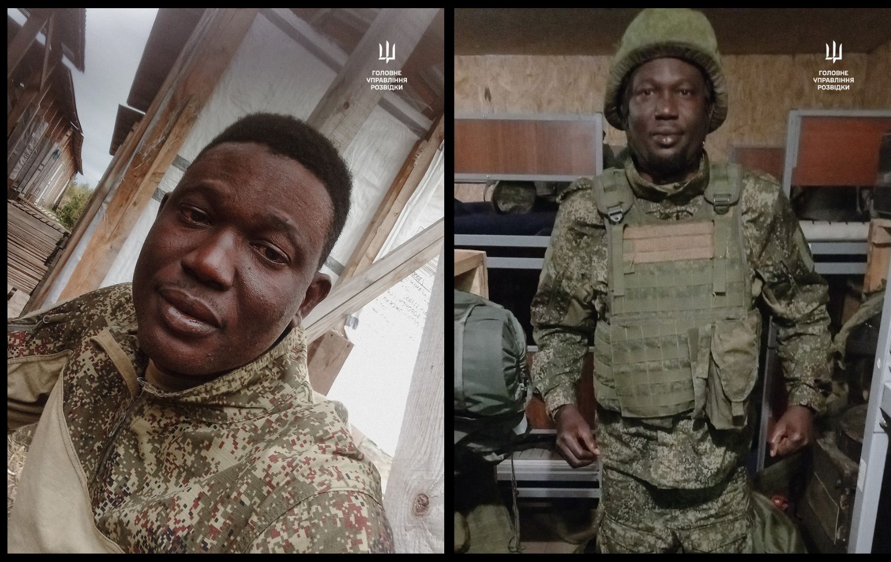 A side-by-side comparison of two photos. On the left, a close-up selfie of a man of the Federal Republic of Nigeria's descent in military camouflage. On the right, the same man in full military gear, including a helmet and body armor, stands in a room with wooden walls and bunk beds.