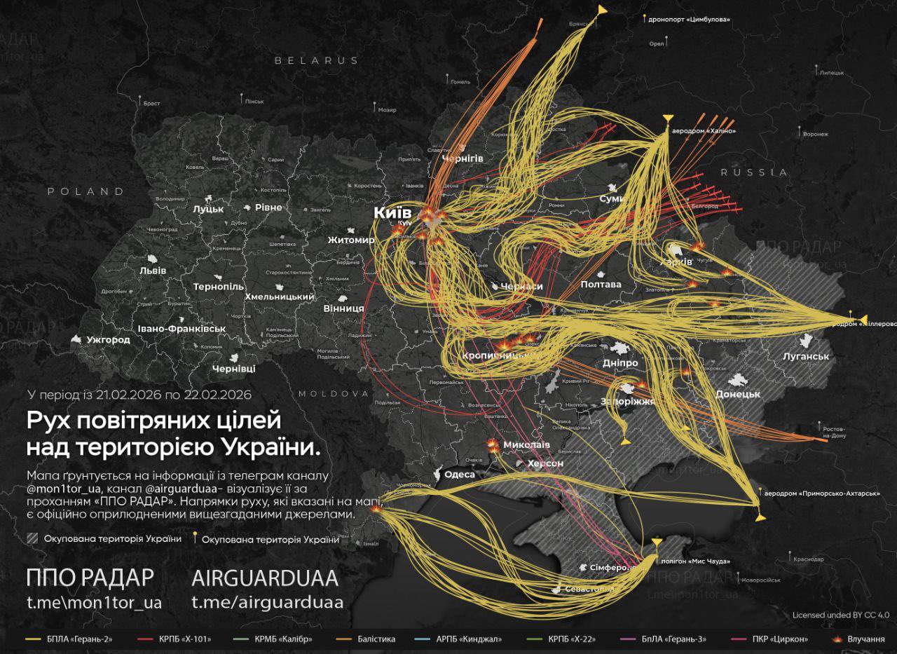 A map of Ukraine shows complex yellow and red lines representing the flight paths of various air targets, including drones and missiles, launched from Russia and occupied territories toward multiple Ukrainian cities between February 21 and 22, 2026. A legend at the bottom identifies different types of munitions such as "Geran-2" drones and "X-101" cruise missiles.