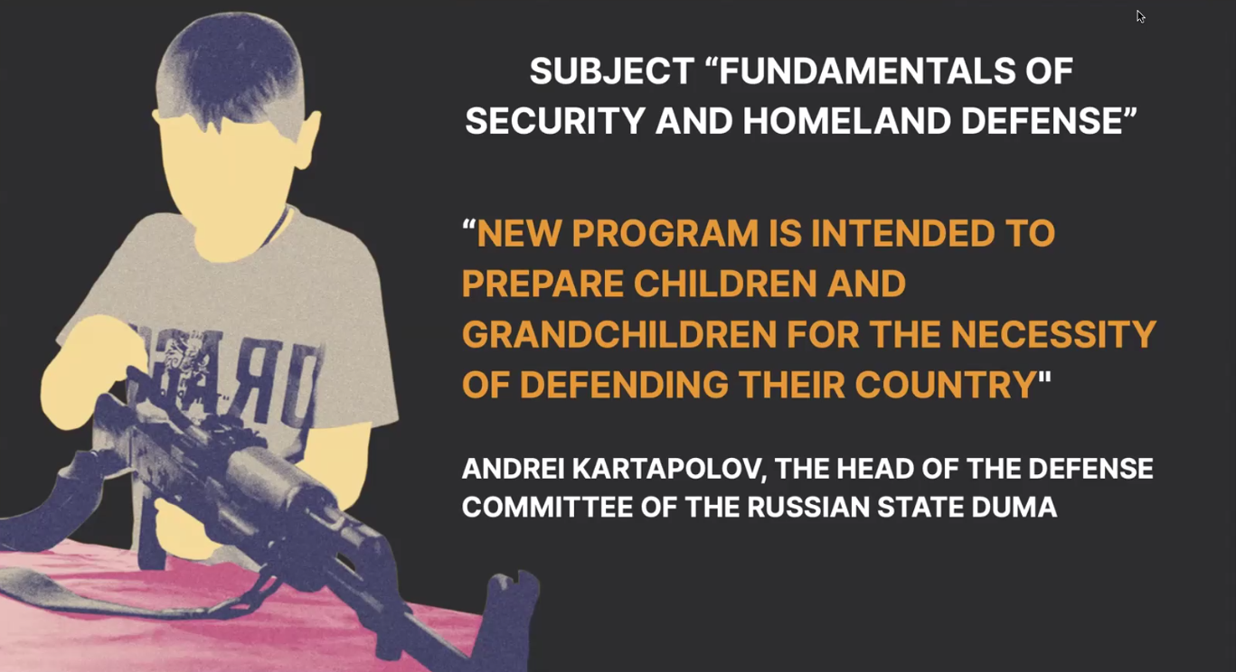An infographic slide titled "SUBJECT 'FUNDAMENTALS OF SECURITY AND HOMELAND DEFENSE'" features a quote from Andrei Kartapolov, the head of the Defense Committee of the Russian State Duma: "New program is intended to prepare children and grandchildren for the necessity of defending their country." The left side of the slide shows a young boy in a grey t-shirt focused on handling a rifle.