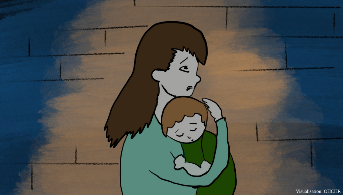 Alt-text Generator
Custom Gem
Alt-text Generator said
A somber illustration of a distressed-looking woman with long hair holding a young child close. Both figures have grey skin and are set against a dark, sketched brick wall highlighted by a warm glow. A watermark in the bottom right corner reads "Visualisation: OHCHR."