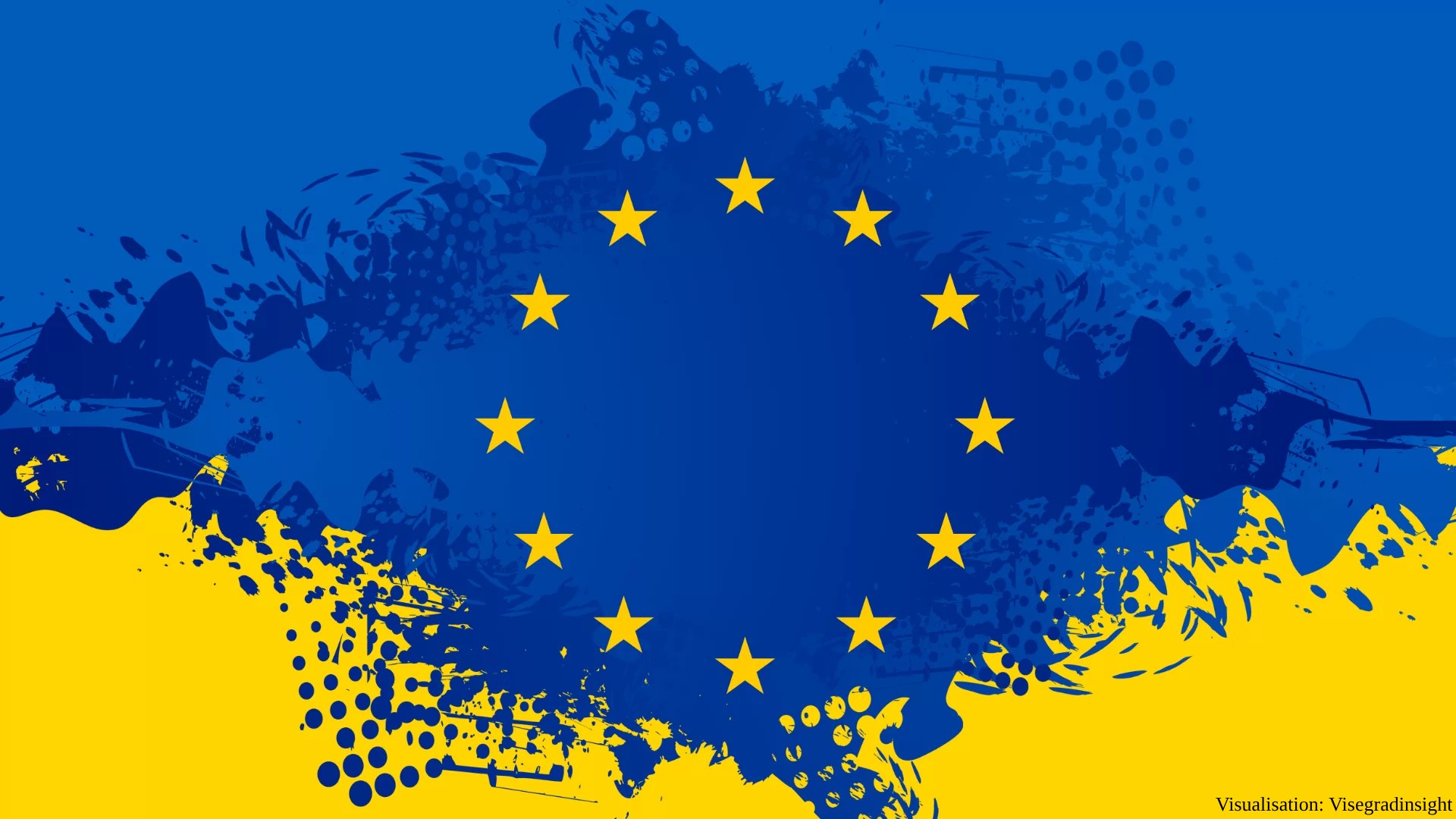 An artistic graphic features the blue and yellow colors of the Ukrainian flag with a splattered, paint-like texture. Centered in the image is the blue circle and yellow stars of the European Union flag, with a visualization credit to Visegradinsight in the bottom right corner.