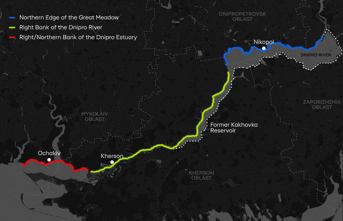 A map of southern Ukraine displays the Dnipro River and the former Kakhovka Reservoir area with three distinct colored lines highlighting geographical banks. A blue line marks the northern edge of the Great Meadow near Nikopol, a green line traces the right bank of the Dnipro River through Kherson, and a red line indicates the right bank of the Dnipro Estuary near Ochakiv.