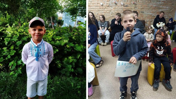 A side-by-side comparison shows the same young boy in two different settings. On the left, he smiles while wearing a traditional Ukrainian embroidered shirt (vyshyvanka) and a baseball cap in a sunlit garden; on the right, he stands in a room with a brick wall, holding a microphone and a sign that reads "I thank God for..." in Ukrainian.