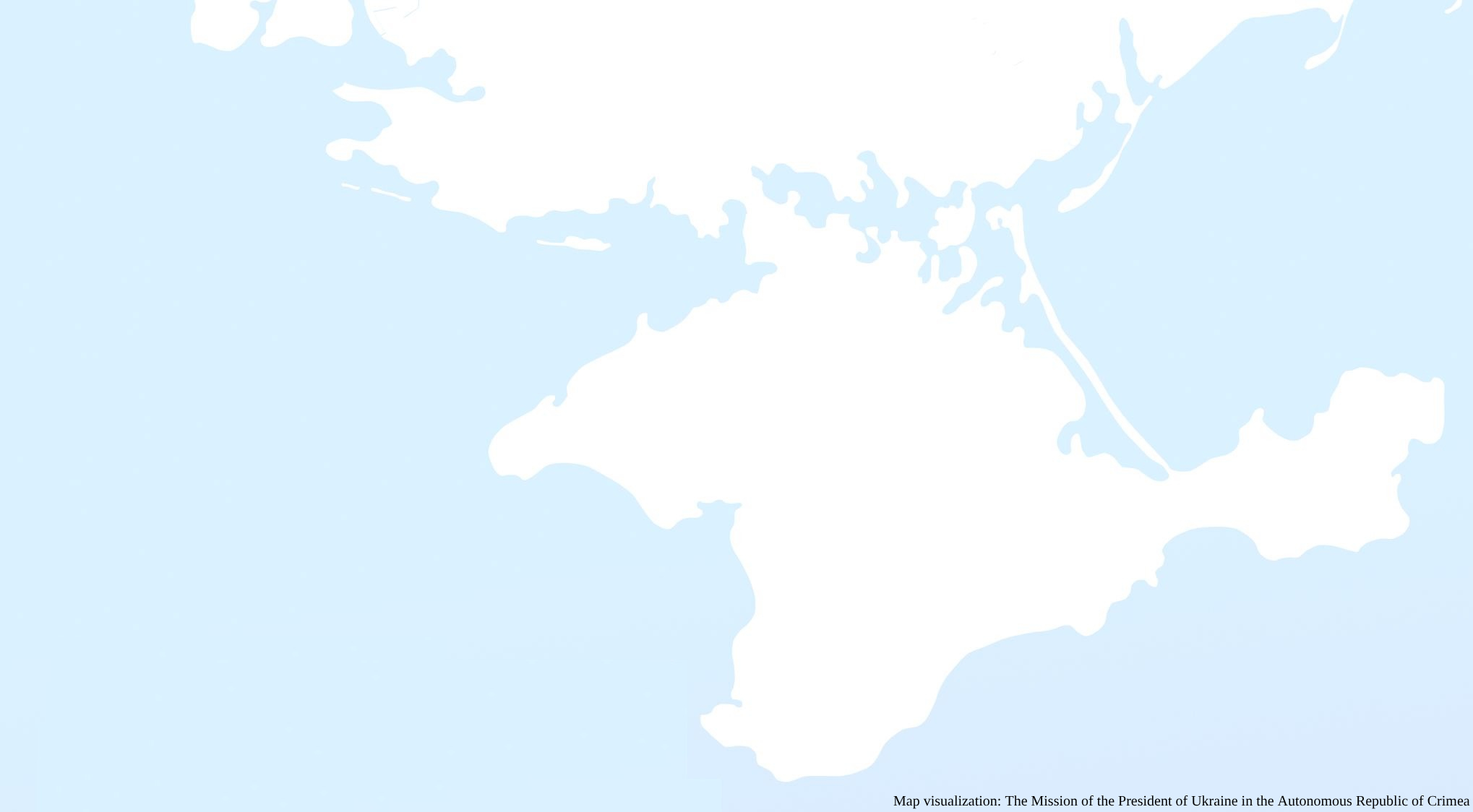 A minimalist, high-contrast map silhouette of the Ukraine's Crimean Peninsula and the southern coast of mainland Ukraine. The landmass is rendered in solid white against a very pale blue background representing the surrounding Black Sea and Sea of Azov.