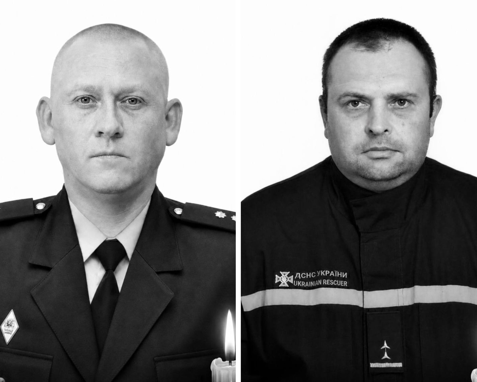 A black and white diptych featuring two men in uniform against a plain white background. On the left is a man with a shaved head in a formal police-style uniform with a tie and epaulettes; a burning candle is partially visible in the bottom right corner of his portrait. On the right is a man with short dark hair wearing a "Ukrainian Rescuer" (SES) uniform with a reflective stripe and the agency's logo. Both men are looking directly at the camera with solemn expressions.