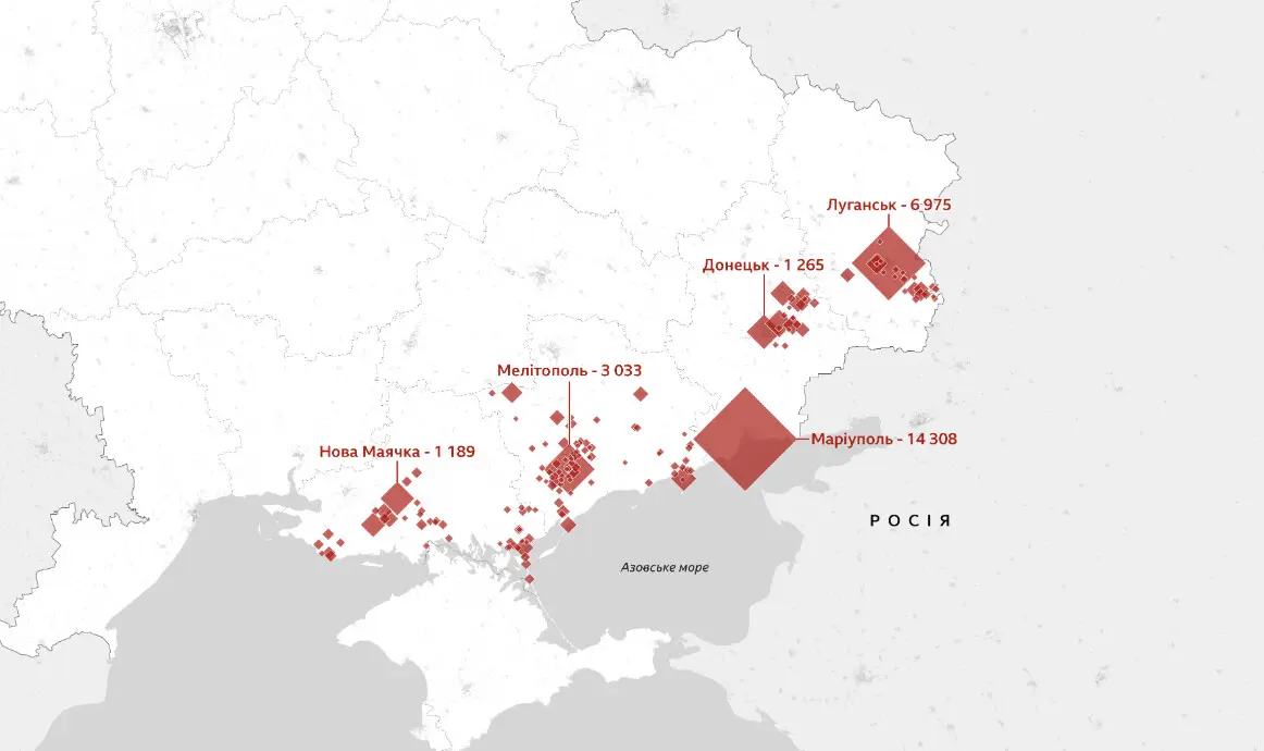 Мапа окупованих територій України з позначенням кількості об’єктів нерухомості, визнаних "безхазяйними": Маріуполь – 14 308, Луганськ – 6 975, Мелітополь – 3 033, Нова Маячка – 1 189, Донецьк – 1 265.