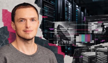 Як російські удари по дата-центрах впливають на медіа і що може допомогти зберегти редакційні архіви Художній колаж у стилі гранж із портретом чоловіка на тлі серверних стійок, супутникової антени та кадрів медіавиробництва з ефектом цифрових перешкод